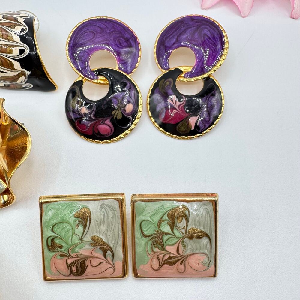 Vintage Swirled Enamel Metal Pierced Stud Earring Lot Costume Jewelry 10 Pair - Picture 4 of 8